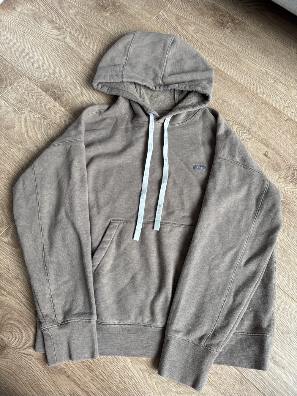 Figs Men's Taupe Hoodie with White Logo Drawstrings